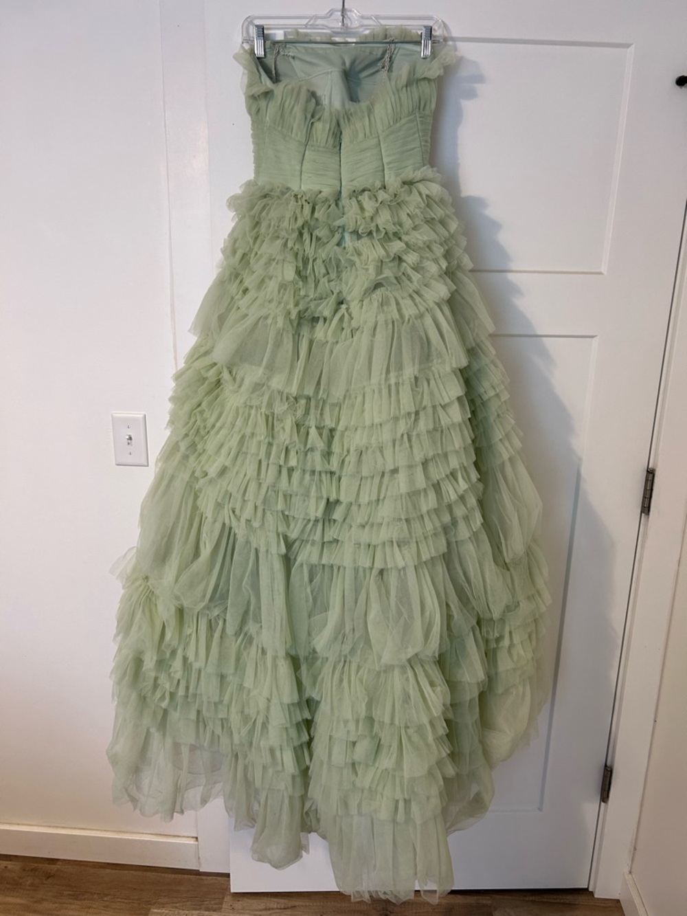 Mac Duggal Strapless Sage Green Layered Tulle Gown - Picture 2 of 3